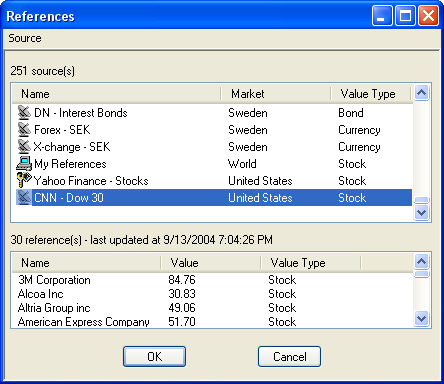 Select Update from the menu to load references for the source