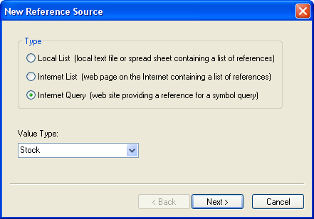 Select Internet Query, and select the value type Stock